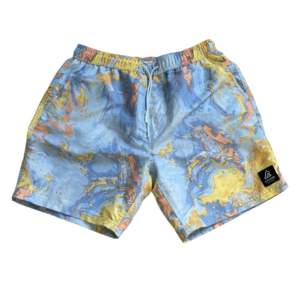 Men's Ripzone Swim Trunks Shorts Size M Blue Yellow Marble Print